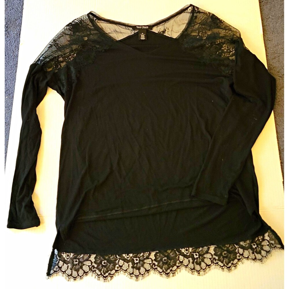 White House Black Market Women's Black Solid Lace Yoke Pullover Top M